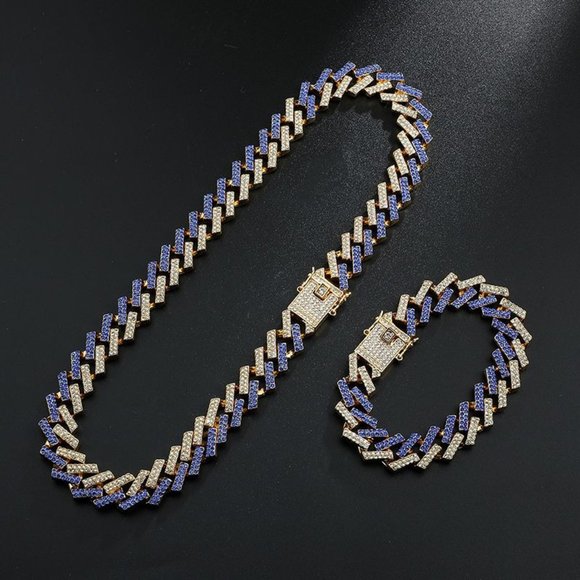 Other - 18K Gold Plated Iced Out CZ Crystal Cuban Link Chain with Bracelet SET